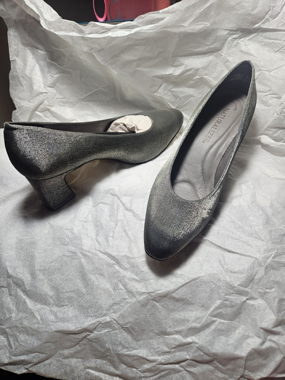 Naturalizer Silver Shimmer Block Heel Pumps